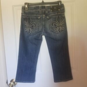 Miss Me Medium Acid Wash Fleur De Lis Embroidered Pocket Cropped Jeans sz 26